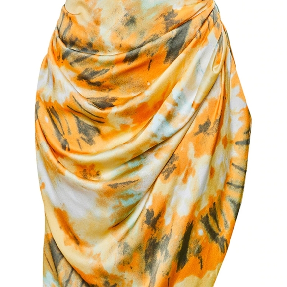 PrettyLittleThing Orange Tye Dye Ruched Midi Skirt - Picture 12 of 12